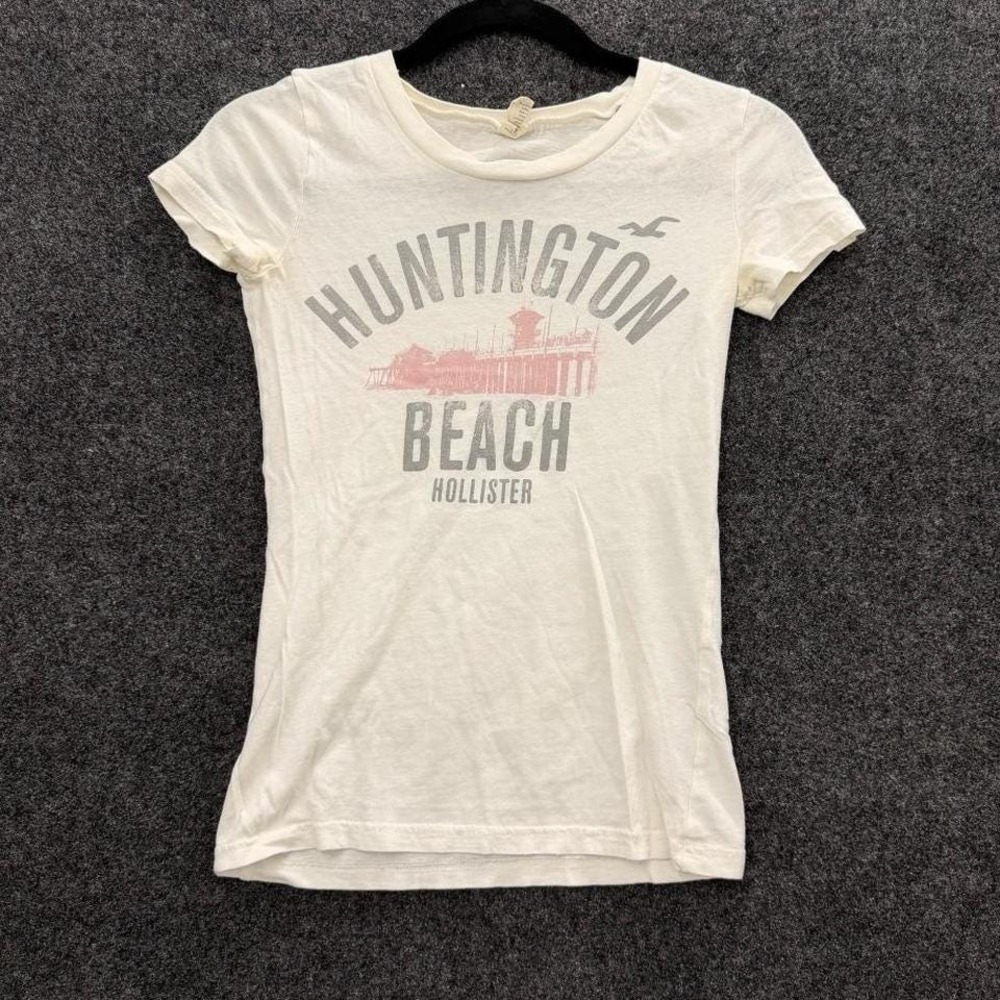 Hollister Huntington Beach Womens Small White Graphic Baby Tee Y2K Casual